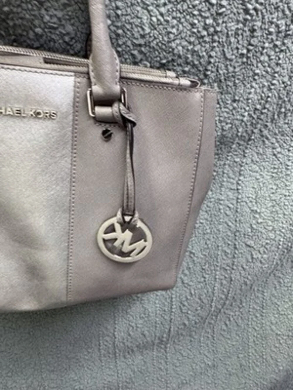 Michael Kors Gray Satchel Bag Logo Charm Double Handles Zipper Silver Hardware
